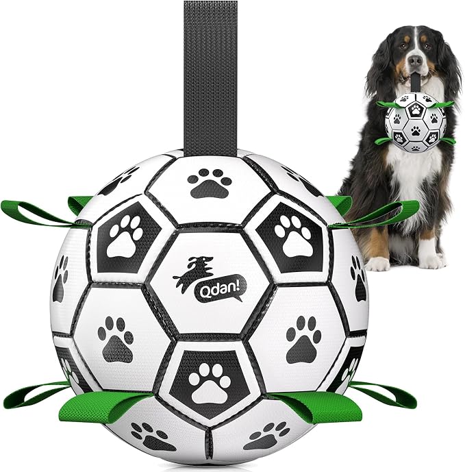 QDAN Large Dog Toys, Soccer Ball for Dogs with Straps, 9 Inch Big Dog Ball | Training Soccer Balls for >90 lbs Dogs, Giant Herding Ball for Dogs, Interactive Water Pool Toys for Tug Chase, Dog Birthday
