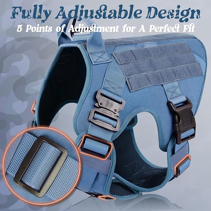 rabbitgoo Tactical Dog Harness for Large, Heavy Duty Military No Pull Vest | Sturdy Metal Buckles, 5 Adjustments, Molle System, Powerful Pullers for Training, Hunting, Outdoor, Blue, Large