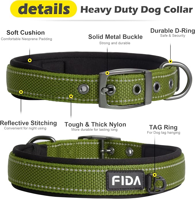 Fida Heavy Duty Dog Collar for Large Dogs with Metal Belt Buckle, Green | Soft Neoprene Padded for Extra Comfort, Thicker Nylon Webbing, Adjustable Fit, Reflective Stitching for Night Safety