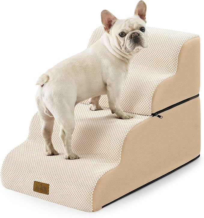 COZY KISS Detachable Dog Stairs for Small Dog 19.7" H, Pet Step for Bed | Curved Stable Pet Ramp for Puppy, Older Cat, Senior, Medium, Short-Legged Dog, 4 Step Non-Slip Ladder, Beige