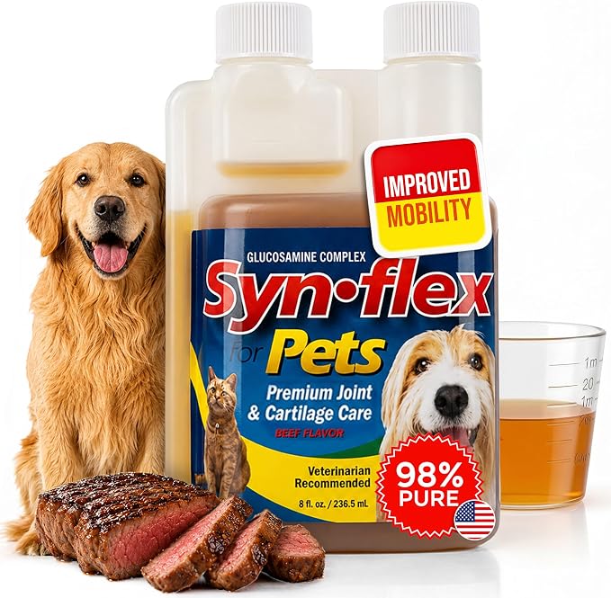 Synflex Concentrated 8oz Joint Supplement Bottle | Glucosamine Chondroitin Liquid for Dogs & Cats | Boswellin Yucca Manganese | Beef Flavor | Made in USA for Daily Pet Mobility Wellness Use Plan