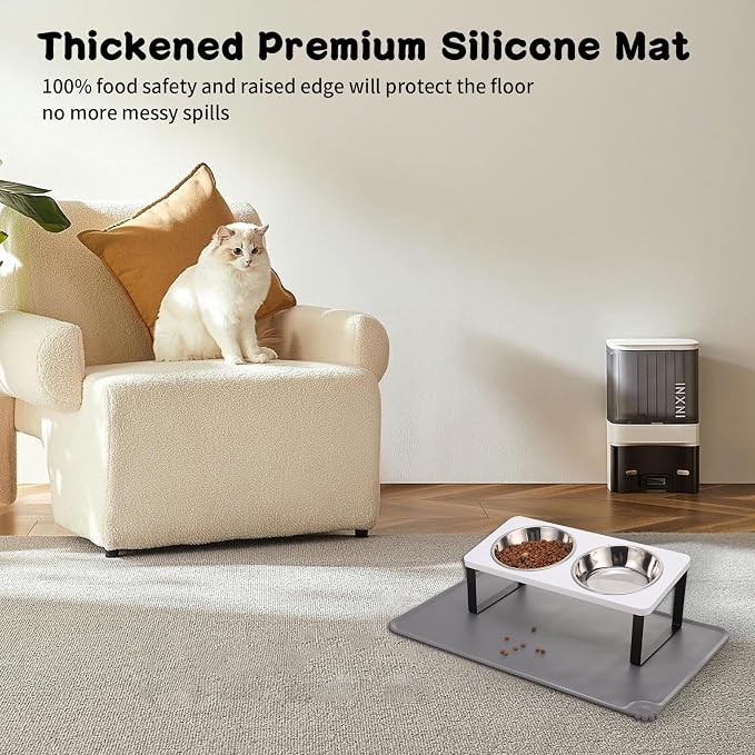 Upgraded Elevated Cat Bowls with Food Mat,15°Tilted Stand Anti Vomiting Raised Cat Dishes for Food and Water,2 Stainless Steel Bowls for Cats and Puppy（White）