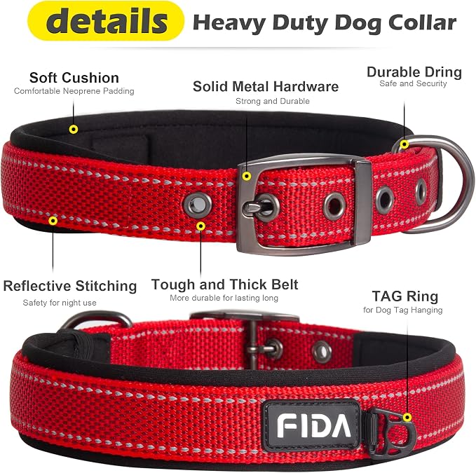 Fida Padded Dog Collar for Small Dogs with Metal Belt Buckle, Red | Soft Neoprene Padded for Extra Comfort, Durable Nylon Webbing, Adjustable Fit, Reflective Stitching for Night Safety