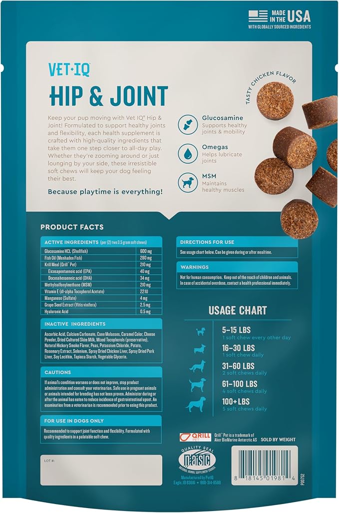 VetIQ Glucosamine Hip & Joint Supplement for Dogs, 60 Soft Chews, Joint Support Supplement with MSM and Krill, Dog Health Supplies Large & Small Breed, Chicken Flavored Chewables | Supports mobility for large & small breeds; glucosamine, MSM & krill oi...