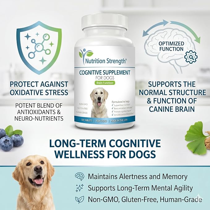 Cognitive Support for Dogs, Promotes Dog Brain Health, Mental Support Supplement for Cognitive Difficulties, 120 Chewable Tablets