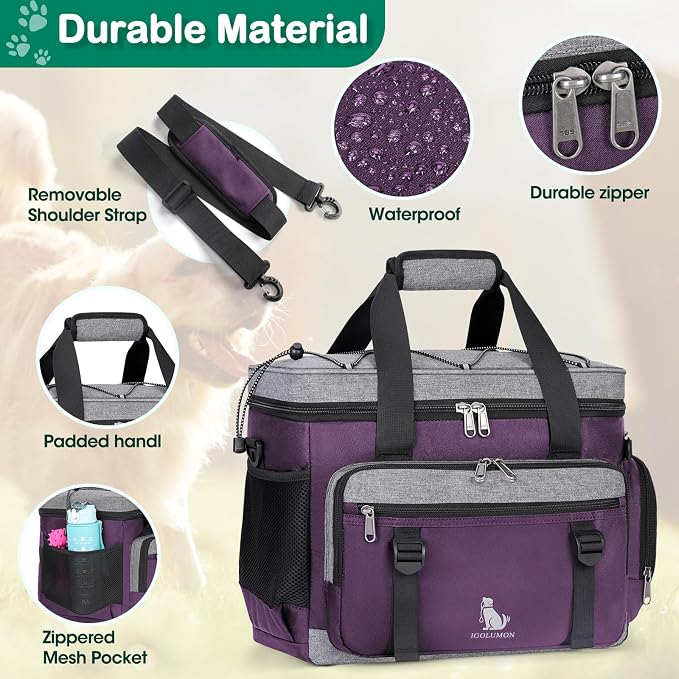 IGOLUMON Dog Travel Bag Set with 2 Food Containers, 2 Bowls, 1 Feeding Mat, Purple