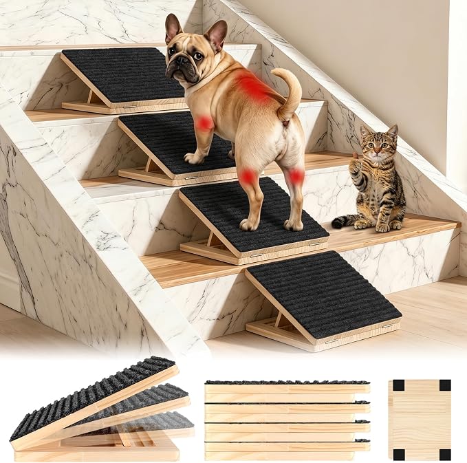 4-Pack Solid Wood Dog Ramp for Stairs – 4 Heights (4"-7") Adjustable Pet Steps, Non-Slip Surface & Silicone Corner Pads, No-Tool Foldable Design for Small Dogs, Cats & Senior Pets