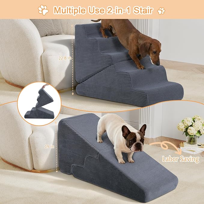 Dog Ramp for Bed, 23" H Dog Stairs for High Bed, 2 in 1 Pet Steps for Small Dogs, 5-Step Foldable Transformable Large Cats Ramp to Get on Couch, Non-Slip Balanced, Grey
