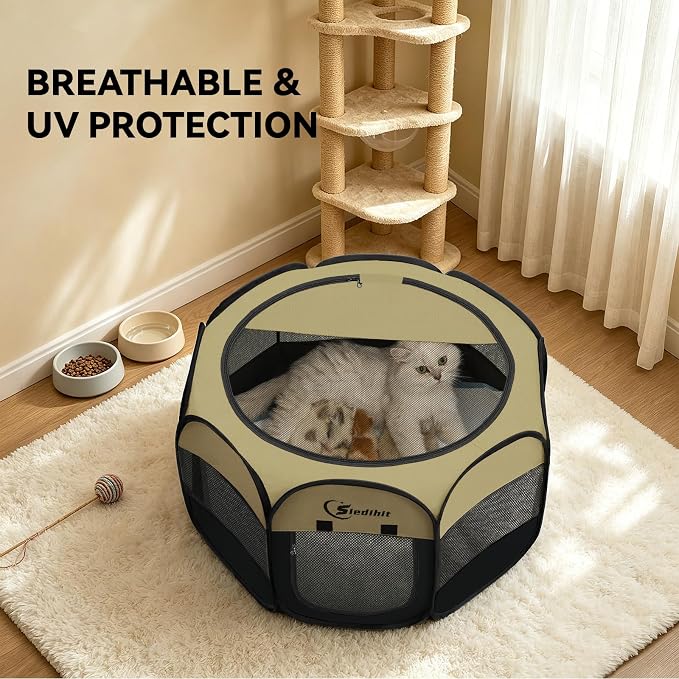 Siedihit Puppy Playpen for Small Dog Cat, Dogs Tent Crate Cage Indoor/Outdoor, Portable Pop Up Dog Kennel with Carrying Bag for Rabbits, Removable Top (Black Khaki, Small)