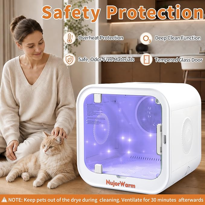 Pet Drying Box, 61L Quiet Hair Dryer for Cats and Small Dogs | 360° Fast Drying Adjustable Temperature & Speed Settings Overheat Protection Low Noise Smart Soft Hair Grooming Dryer 1200W
