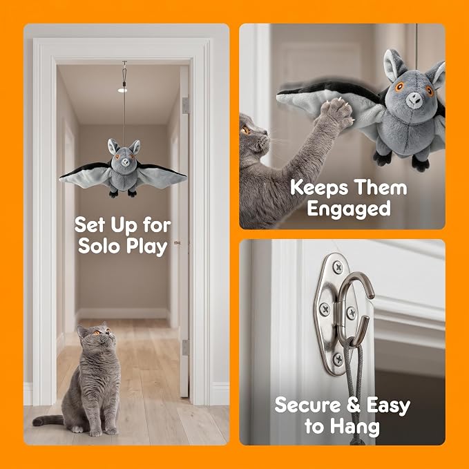 Flying Bat Dog Toy, Motion Activated Flapping Bat Cat Toy with Realistic Wings and Chirping Sounds, Rechargeable Remote Control Halloween Toy for Indoor Cats, Kittens and Small Dogs，1PC