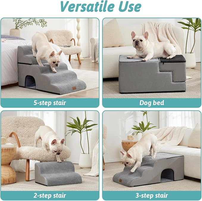 COZY KISS Small Dog Stairs with Tunnel, 5 Step Pet Ramp for High Bed | Curved Stable Dog Step for Puppy, Older Cat, Senior, Medium, Short-Legged Dog, Non-Slip Ladder for Car, 22.4" H, Grey