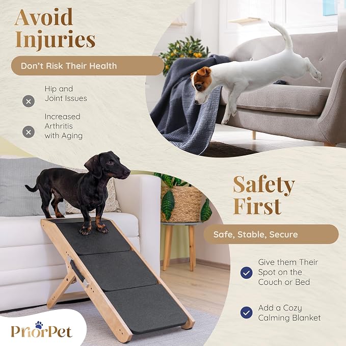 Dog ramp for Couch – Non-Slip, Sturdy Build Foldable Dog ramp – Supports up to 200lbs – Adjustable 7'' to 20'' – Landing Platform Seamlessly Connects – Birchwood Pet Ramp for Small Dogs – Natural