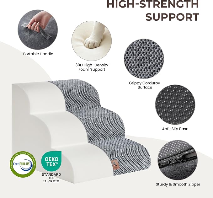 Dog Stairs for High Bed 13.5" H, 3-Step Dog Steps for Small Dogs and Cats, Pet Steps Ramp for Couch Sofa, Non-Slip Stable Indoor Pet Ladder with High Density Foam, Grey