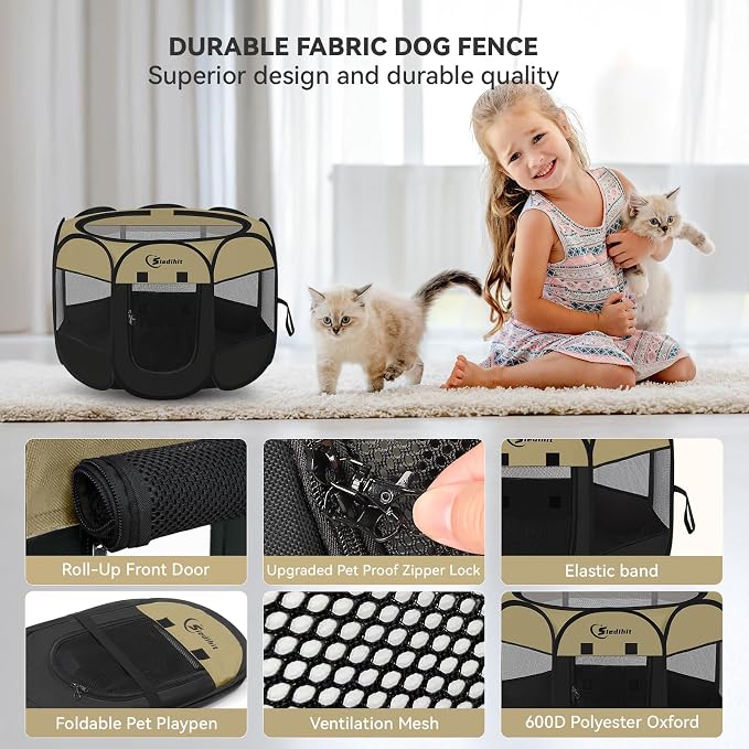 Siedihit Puppy Playpen for Small Dog Cat, Dogs Tent Crate Cage Indoor/Outdoor, Portable Pop Up Dog Kennel with Carrying Bag for Rabbits, Removable Top (Black Khaki, Small)