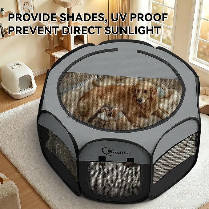 Siedihit Playpen for Extra Large Dog Cat, Dogs Tent Crate Cage Indoor/Outdoor, Portable Pop Up Dog Kennel with Carrying Bag for Rabbits, Removable Top (Dark Grey, Extra Large)