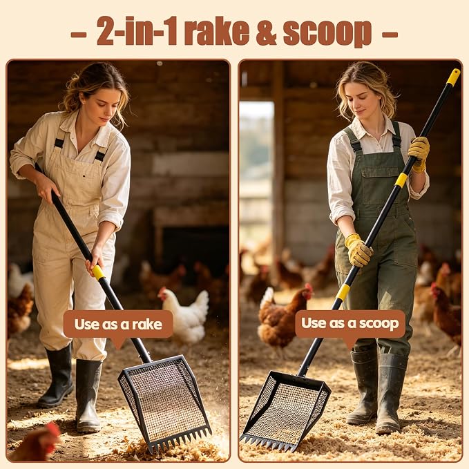 Ihomepark Chicken Poop Scooper & Rake, 42-84" Adjustable Chicken Coop Shovel, 2-in-1 Heavy Duty Iron Sand Sifting Litter Rake for Chicken Coop, Goat, Cat Litter & Barn Yard Waste