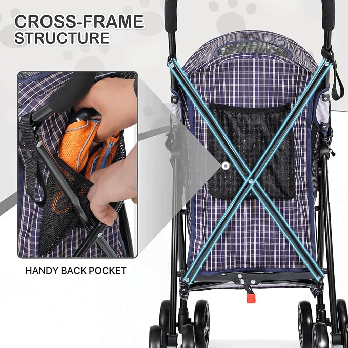 MoNiBloom 4-Wheel Foldable Pet Stroller - Plaid, up to 22lbs
