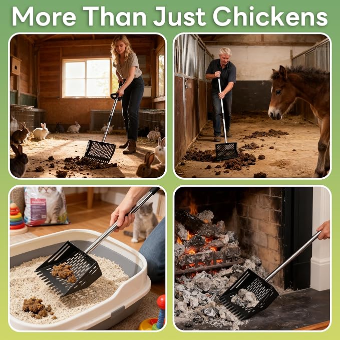 Chicken Poop Scooper & Rake 2-in-1, Adjustable 24'' to 66'' Metal Sand Sifting Shovel for Coop Cleaning, Effortless for Chicken Duck Rabbit Cages, Cat Litter, Fire Ash, Saving Time & Energy