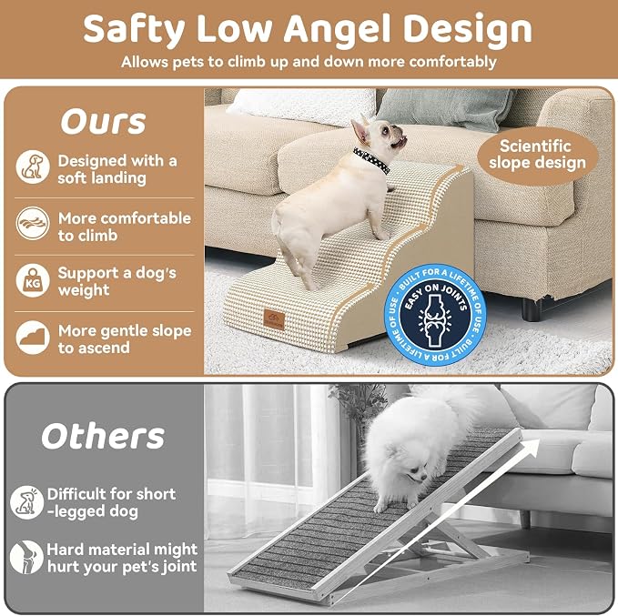 Zerbuger Dog Ramp and Stair for Bed 16" H-20 H,3-Step Cat Stair for Sofa and Chair,4-Step Dog Ramp for High Bed and Window,Durable Nonslip Fabric Cover for Indoor (Beige-16 H, Pet Friendly, 3)