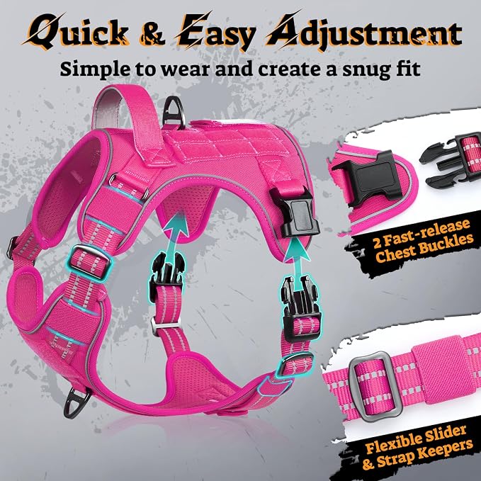 rabbitgoo Tactical Dog Harness for Large Dogs, No Pull Service Pet Vest | Military Molle System & Easy Control Handle, Adjustable and Reflective for Walking and Training, Rose Red, X-Large