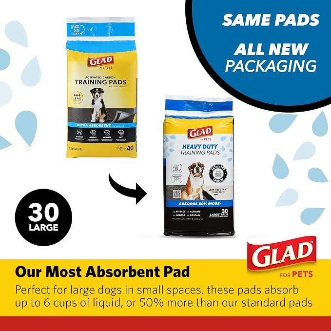 Glad for Pets XL Charcoal Training Pads, Activated Carbon Odor Control with Heavy Duty Leak-Resistant Layers, Quick-Dry Quilted Top Surface, Indoor Potty and Crate Liner, 24 x 24 in, 30 Count