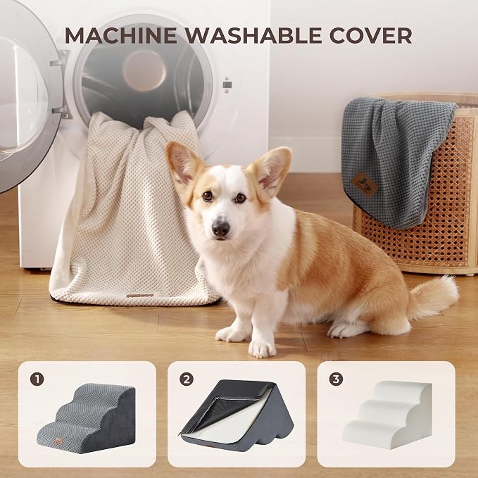 Dog Stairs for High Bed 22.6" H, 5-Step Dog Steps for Small Dogs and Cats, Pet Steps Ramp for Couch Sofa, Non-Slip Stable Indoor Pet Ladder with High Density Foam, Grey
