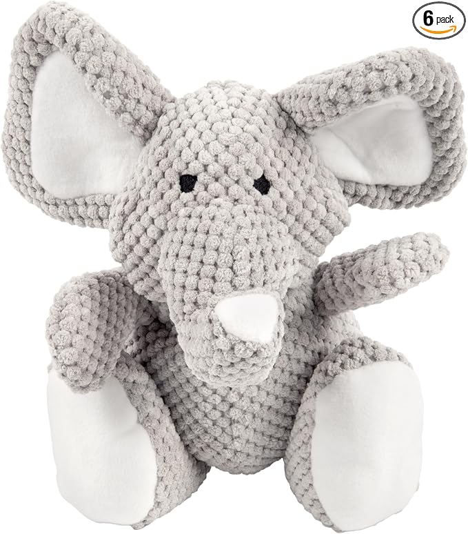 goDog Checkers Elephant Tough Plush Toy with Chew Guard Technology, Durable Checkered Fabric & Squeaker for Active Play, Gray, Large (Pack of 6)