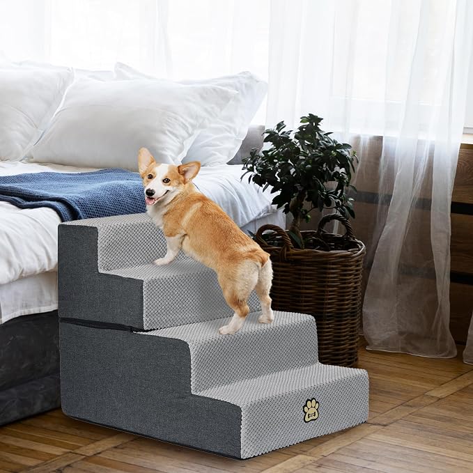 Dog Stairs for Couch Sofa and Bed, 4-Step Foam Pet Stairs 18 Inch H, Dog Steps for Small Dogs Cats Puppies, High-Density Foam Pet Ladder with Washable Cover Non-Slip Bottom, Gray