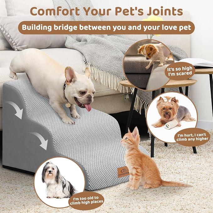 Zerbuger Dog Ramp and Stair for Bed 16" H-20 H,3-Step Cat Stair for Sofa and Chair,4-Step Dog Ramp for High Bed and Window,Durable Nonslip Fabric Cover for Indoor (Light Grey-16 H, Pet Friendly, 3)