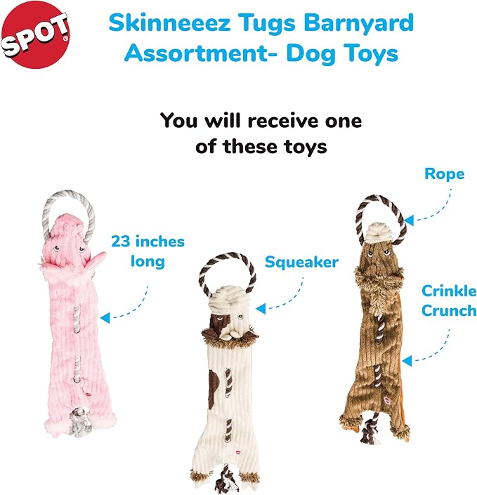 SPOT Skinneeez Barnyard Tug Dog Toy - Rope Design for Strong Chewers, Squeaker & Crinkle, Stuffing-Free, Tug Toy for Medium to Large Dogs & Puppies -23 inch, Style Varies