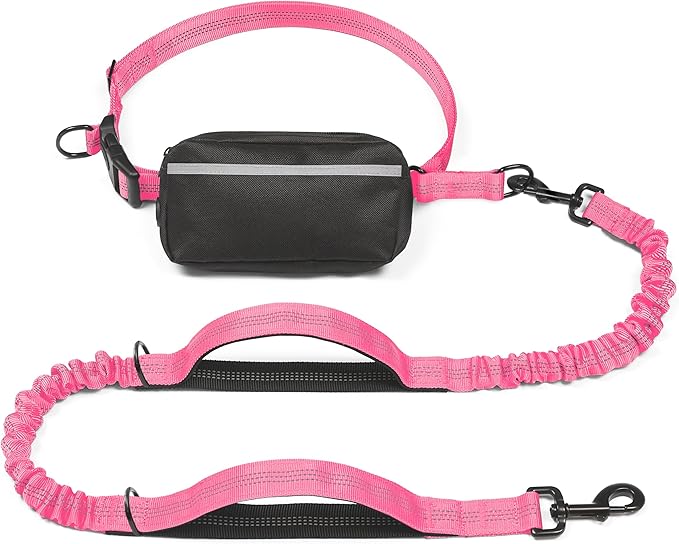 iYoShop Hands Free Dog Leash with Zipper Pouch, Large, 25-120 lbs, Pink | Waist Leash, Dual Padded Handles, Shock-Absorbing Bungee, Adjustable Waist Belt, Walking and Running