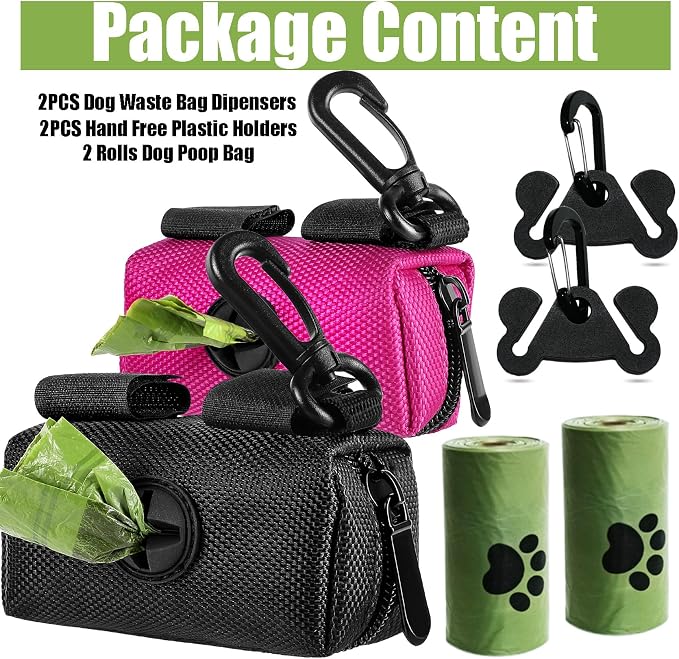 2Packs Dog Poop Bag Holder for Leash Attachment Dog Poop Bag Dispenser Dog Waste Bag Dispensers Dog Poop Bag Holders Fit Dog Leash Accessory With Hand Free Holder Carriers, Pink & Black