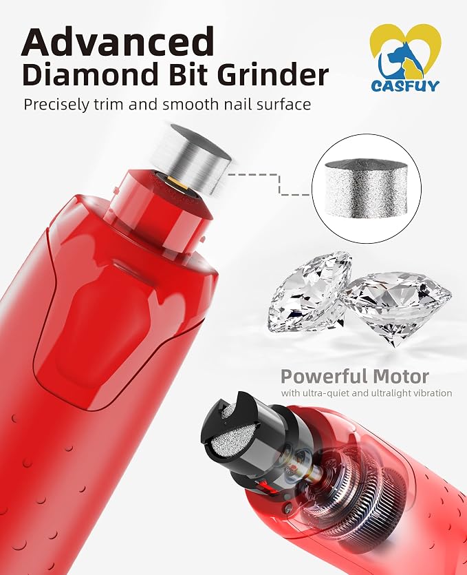 Casfuy 6-Speed Dog Nail Grinder with 2 LED Lights - Red