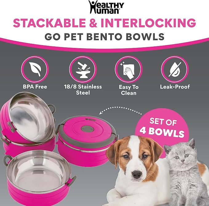 Healthy Human Travel Pet Bento Bowls, 4 Pack, Pink
