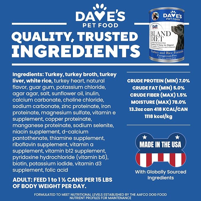 Dave's Pet Food Bland Diet Dog Food, Turkey & Rice, 13.2 oz, 12 pk
