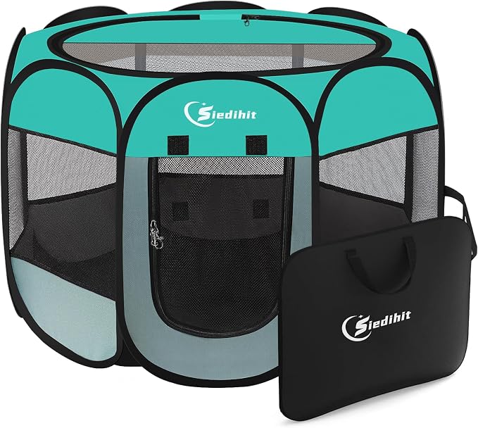 Siedihit Playpen for Middle Dog Cat, Dogs Tent Crate Cage Indoor/Outdoor, Portable Pop Up Dog Kennel with Carrying Bag for Rabbits, Removable Top (Green, Medium)