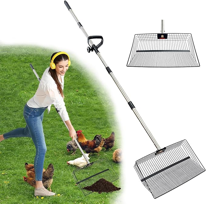 15inch Large Metal Chicken Poop Scooper for Sand, Chicken Pooper Scooper with 39 to 76" Adjustable Stainless Steel Handle, Litter Scooper Sand Sifting Shovel for Dogs, Cats, Chicken Coop Accessories