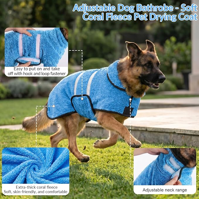 Bienbee Dog Bathrobe, Quick Drying Super Absorbent Pet Robes for Small Medium Large Dogs, Drying Coat for After Bath & Swim, Warm & Cozy Dogs Towels, Dog Puppy Bath Supplies, Light Blue XXL
