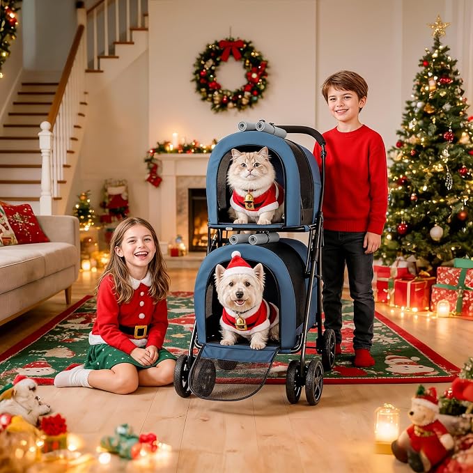 MoNiBloom Double Pet Stroller - Navy Blue/Gray, 4 Wheels