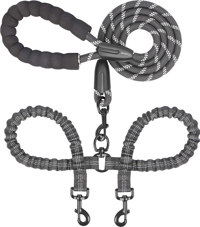 iYoShop Double Dog Leash, 360° Swivel, No Tangle, Medium, 8-35 lbs, Black | Dual Leash for Two Dogs, Split Leash, Shock-Absorbing Bungee, Padded Handle, Heavy-Duty Rope