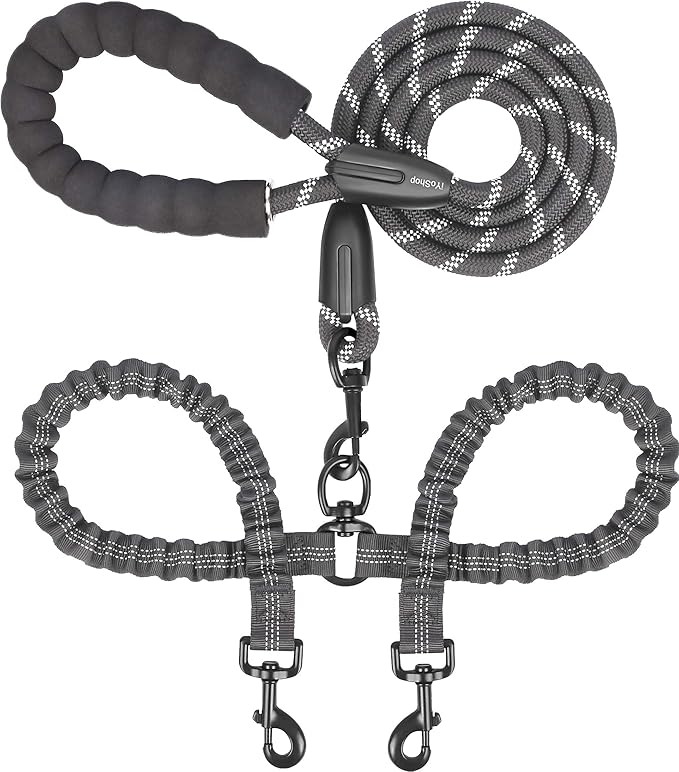 iYoShop Double Dog Leash, 360° Swivel, No Tangle, Large, 25-150 lbs, Black | Dual Leash for Two Dogs, Split Leash, Shock-Absorbing Bungee, Padded Handle, Heavy-Duty Rope
