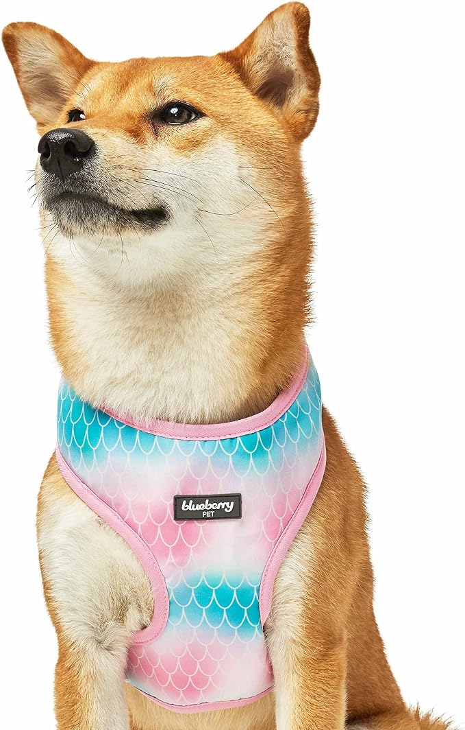 Blueberry Pet Summer Sparkle Dog Harness Vest, Adjustable Small Size, Chest Girth 16" - 21", Pink and Blue, Ocean Mermaid Scales Print Nautical Pet Harness