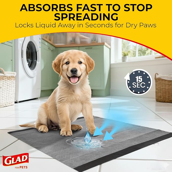 Glad for Pets Black Charcoal Puppy Pads, 23 x 23 Inch, 6-Layer Leak-Resistant Design, Activated Carbon Odor Control, Pheromone Attractant for Potty Training, 14 Count