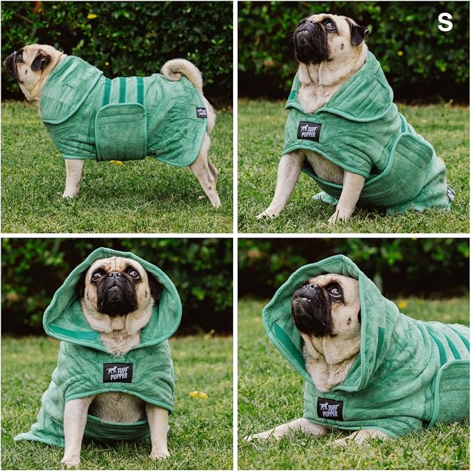 Tuff Pupper Fast Drying Dog Bath Robe | 800 GSM Plush Dog Towel Bathrobe/Dressing Gown | Super Absorbent Pet/Puppy Bathrobe | Adjustable Hood & Belly Strap | Super Soft | Fast Drying (S, Green)