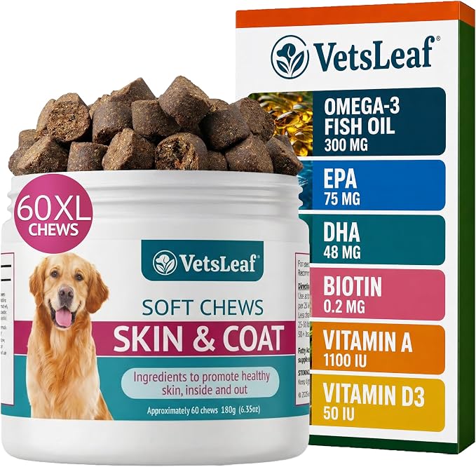 Dog Skin and Coat Supplement Chews - Omega-3 Fish Oil, EPA & DHA, Biotin, Vitamin A & D3 - Coat Shine, Skin Hydration, Shedding & Itch Relief - Made in USA - 60 Count