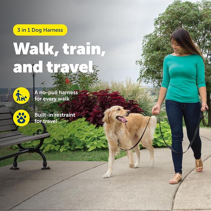 PetSafe 3 in 1 No-Pull Dog Harness - Walk, Train or Travel - Helps Prevent Pets from Pulling on Walks - Seatbelt Loop Doubles as Quick Access Handle - Reflective Accents - Large, Black | Rests on Chest Not Throat to Reduce Pulling, 5 Adjustment Points,...