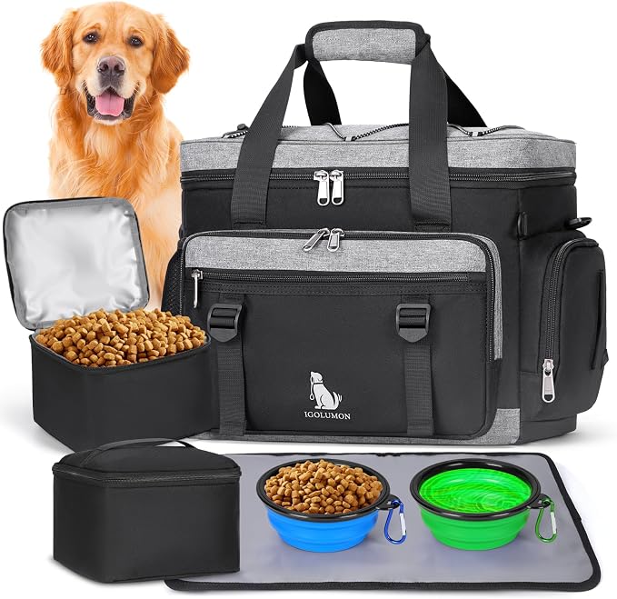 IGOLUMON Dog Travel Bag Set with 2 Extra Large Food Containers, 2 Bowls, 1 Feeding Mat