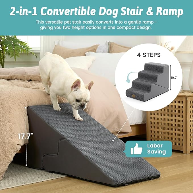 COZY KISS Dog Stairs for Small Dogs, 4-Step 2-in-1 Dog Steps,19.7" H | 4-step dog stairs and ramps,Non-Slip Base,for Couch & Bed, Dark Grey