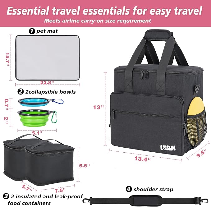 Dog Travel Bag Large Set with Food Containers, Bowls & Feeding Mat, Black